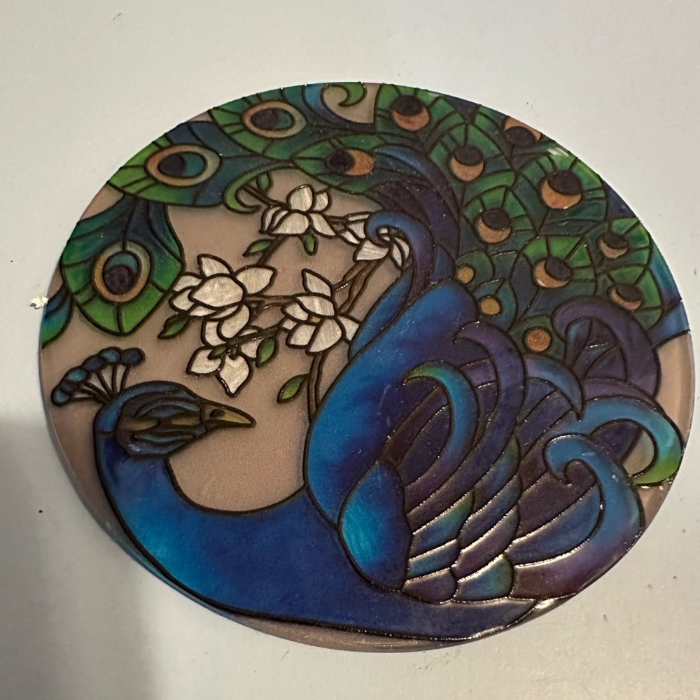 Joan Baker peacock glass coaster